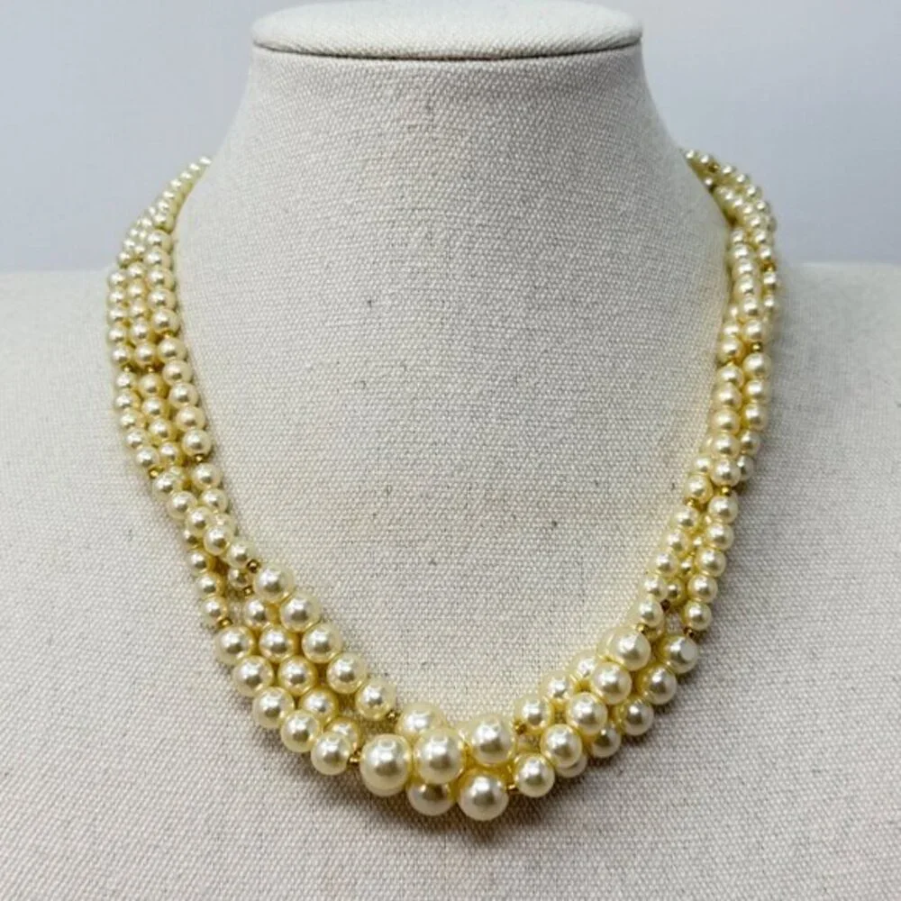 Vintage Multi-Strand Cream Imitation Pearl‎ Necklace Gold-Tone Spacer Beads